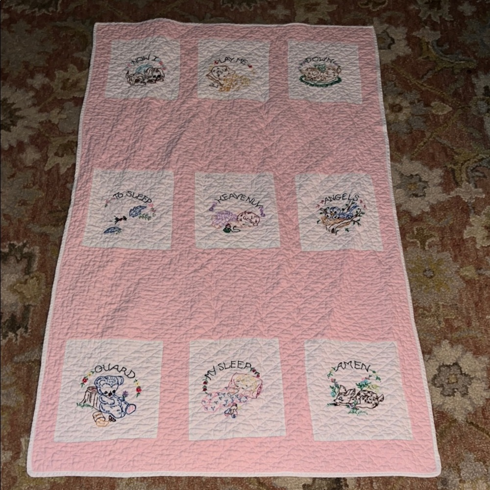 Pink Embroidered Baby Quilt handmade 50” x 32”
